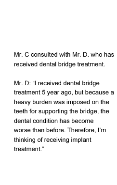 Mr. C consulted with Mr. D. who has received dental bridge treatment.Mr. D: 'I received dental bridge treatment 5 year ago, but because a heavy burden was imposed on the teeth for supporting the bridge, the dental condition has become worse than before. Therefore, I’m thinking of receiving implant treatment.'